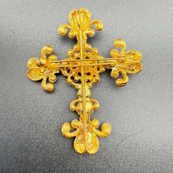 Vintage Gold-Tone Green Rhinestone Cross Brooch - Picture 4 of 6